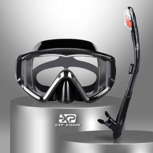 Snorkel Set Pano 3 Window Adult Snorkeling Gear, Professional Snorkel Goggles Anti-Fog Diving Mask, Anti-Leak Swim Goggles and Dry Top Snorkel for Diving, Snorkeling, Swimming (Black)