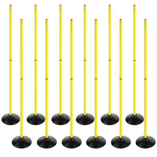 ASENVER 6FT Soccer Agility Poles with Rubber Base Detachable Speed Agility Stick Slalom Speed Training Pole Set for Sports (Pack of 12, Yellow)