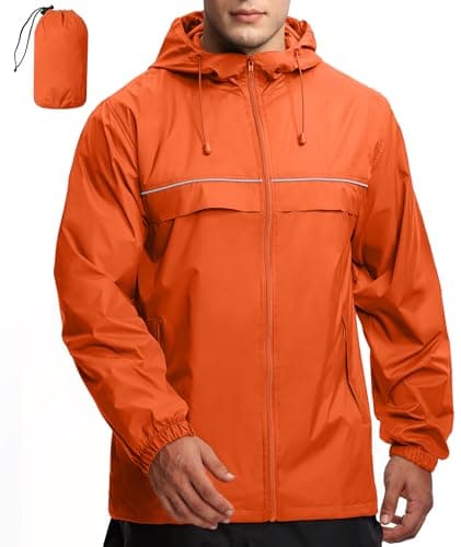 GEEK LIGHTING Rain Jacket Men Lightweight Waterproof Jackets Packable Windbreaker Hooded Raincoat for Golf Cycling Outdoor Hiking Travel Orange M