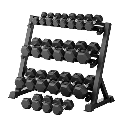RITFIT Rubber Hex Dumbbells Set with Rack, 180-780LB Heavy-Duty Cast Iron Core, Knurled Chrome Handle, Space-Saving Storage Rack for Home Gym Strength Training