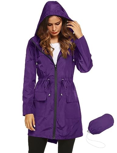 LOMON Women's Lightweight Hooded Raincoat Active Waterproof Outdoor Hiking Jacket Waist Drawstring Purple XL