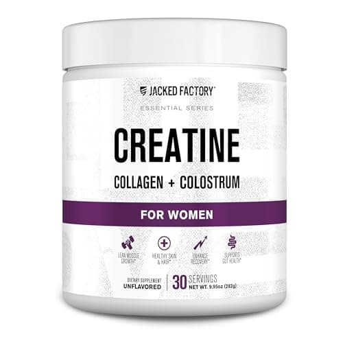 Jacked Factory Creatine for Women - Creatine Monohydrate with Collagen + Colostrum to Support Workout Performance, Lean Muscle Growth, Healthy Hair, Skin, & Nails - 30 Servings, Unflavored