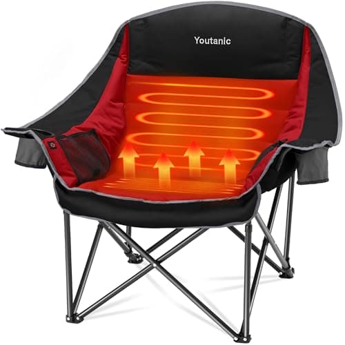 Youtanic Heated Camping Chair, 3 Heat Levels Oversized Padded Lawn Chair with Side Pockets and Cup Holder, Outdoor Heating Folding Camp Chair for Adults, Fishing, Sports, Picnic, up to 500lbs, Style 2