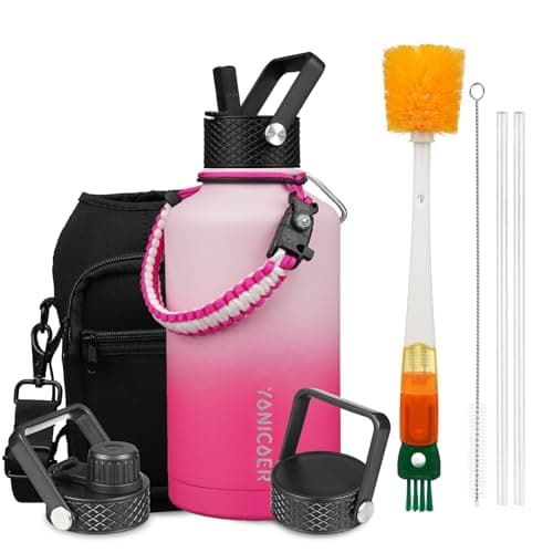 YONICOER Insulated Water Bottle 64oz,Triple Wall Vacuum Stainless Steel(Dishwasher Safe),Leak Proof & Non-BPA,Flask Jug with Paracord Handle & Straw Spout Lids Sports Cherry Blossom