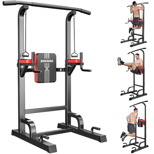 Power Tower Dip Station Pull Up Bar for Fitness Home Gym Workout,Multi-Function Adjustable Height Fitness Strength Training Exercise Equipment,with Power Elastic Ropes,Black Red-02