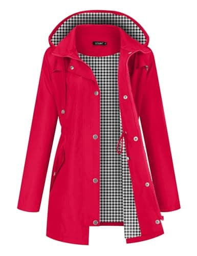LOMON Women Rain Jacket Waterproof Hooded Jackets Women Printed Lined Trench Coats Outdoor Hiking Raincoat(Red Plaid Lining L)