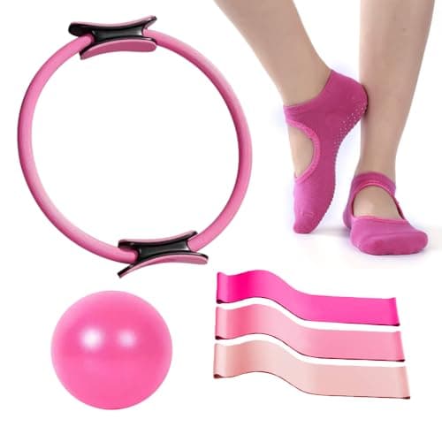 Pilates Ring and Ball Set, 6 Pcs Home Pilates Kit with 13” Circle Circle Yoga Ring 3 Resistance Bands 9.8” Pilates Ball Pilates Grip Socks, Pilates Essential Kit for Women Girl Home Workouts (6 PCS)