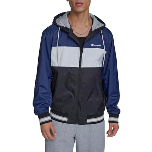Champion Men's Retro Hooded Rain Jacket, Black/White/Indigo, XX-Large