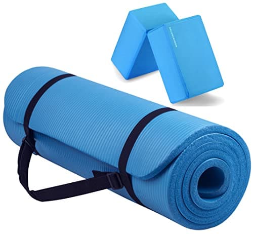 Fitvids All Purpose 1/2-Inch Extra Thick High Density Anti-Tear Exercise Yoga Mat with Carrying Strap and Yoga Blocks, Blue