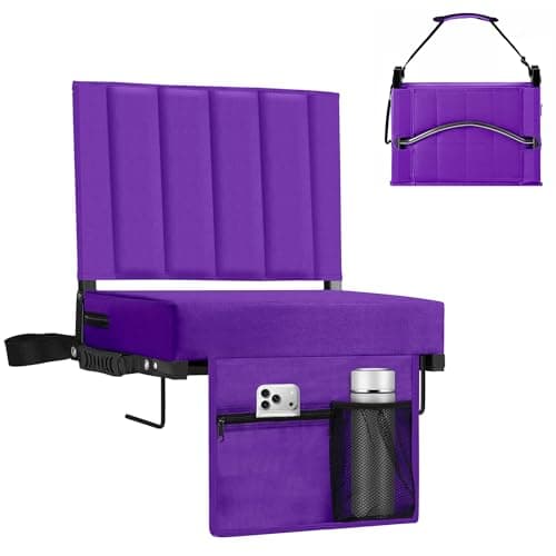 Halituny Stadium Seat for Bleachers with Back Support, Portable Bleacher Seat with Wide Comfy Padded Cushion, Metal Hook, Folding Stadium Chair with Shoulder Strap, Carry Handle, Cup Holder, Purple