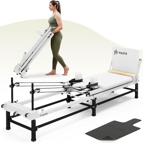 PAETA Pilates Reformer, 91" Foldable Reformer Pilates Machine with Adjustable Reformer Heights, Pilates Equipment with Piano Wire Springs and Jump Boards(Cream)