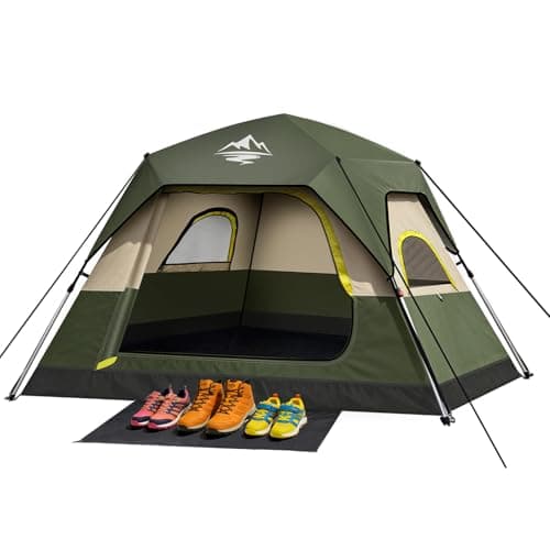 4 Person Instant Camping Tent - Waterproof Pop Up Tents for Camping with Rainfly, Large Family Tent with Pre-Attached Poles, 60S Easy Setup, Upgraded Ventilation with Welcome Mat