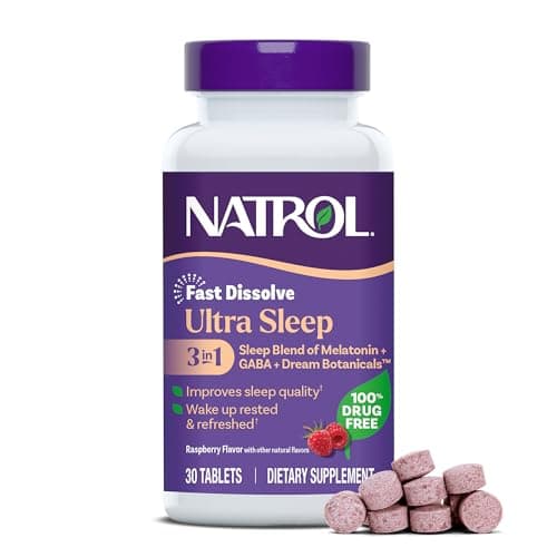 Natrol Ultra Sleep 3-in-1 100% Drug-Free Sleep Aid Blend with Melatonin, GABA & Botanicals, Dietary Supplement, Non-Habit Forming, Raspberry Flavor, 30 Tablets