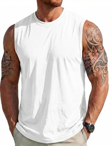 MAGCOMSEN Men's White Tank Top Gym Workout Sleeveless T Shirts Moisture Wicking Athletic Muscle Shirts for Running Swim Beach