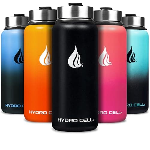 HYDRO CELL Stainless Steel Insulated Water Bottle with Straw - For Cold & Hot Drinks - Metal Vacuum Flask with Screw Cap and Modern Leakproof Sport Thermos for Adults (Black 32oz)