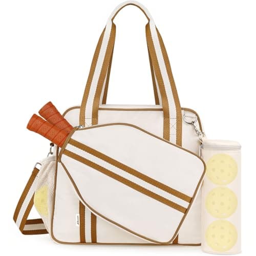 Movker Pickleball Bag for Women 2-in-1 Tote & Crossbody with Fence Hook Holds 2 Paddles & Detachable Ball Bag Court to Street (Beige Brown)