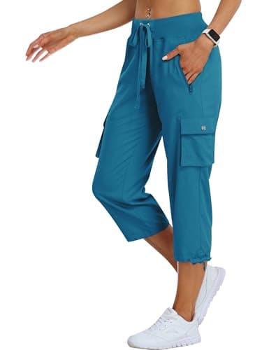 MoFiz Women's Cargo Capris Hiking Pants Lightweight Quick Dry Outdoor Athletic Travel Casual Loose Comfy Cute Zipper Pockets Sapphire Blue XL