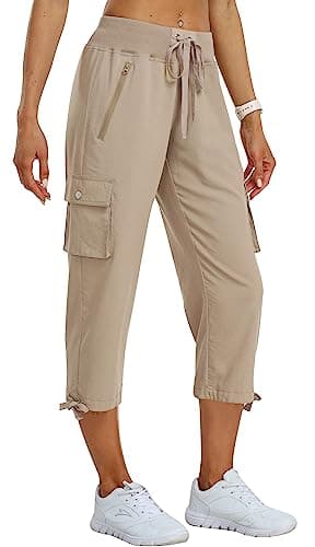 MoFiz Womens Capris with Pockets Loose Fit Casual Capri Pants Lightweight Ladies Cargo Pants for Hiking Khaki 3XL