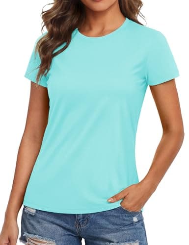 MAGCOMSEN Rash Guard for Women Sun UPF 50+ Moisture Wicking Short Sleeve Swim Shirts for Women Running Hiking Lake Blue, S