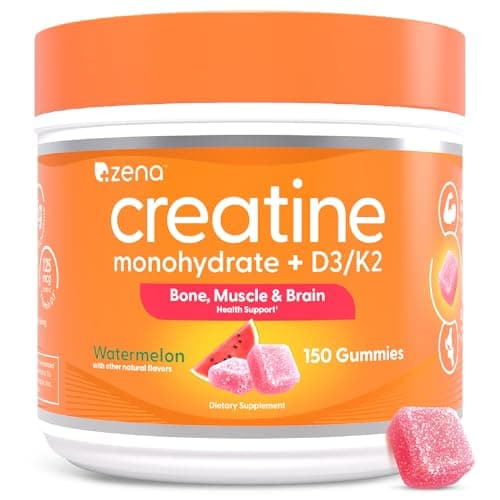 Zena Nutrition Creatine Gummies with D3 & K2, Creatine Monohydrate for Men and Women, Supports Bone, Muscle, & Cognitive Health, Gummy Workout Supplement, Watermelon Flavor, 150ct, 30 Daily Servings