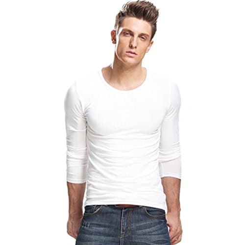 Xudian Long Sleeves Men T-shirt Crew-neck, Size US Large, White