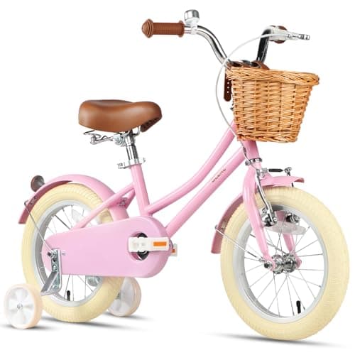Glerc ‎Little Molly 14 Inch Kids Bike, Retro Cruiser Girls Bike for Children Ages 3-5 Years Old, Kids Bicycle with Wicker Basket & Training Wheels, Pink