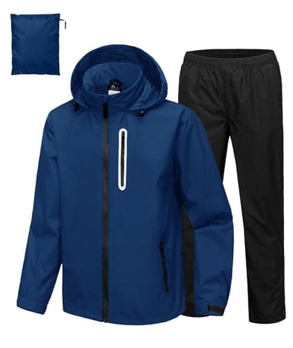 SWISSWELL Men's Waterproof Golf Rain Suit Rain Gear Jacket and Pant 2 Pieces Packable Lightweight Hooded Raincoat S-3XLDark Blue Jacket Black Pants XL