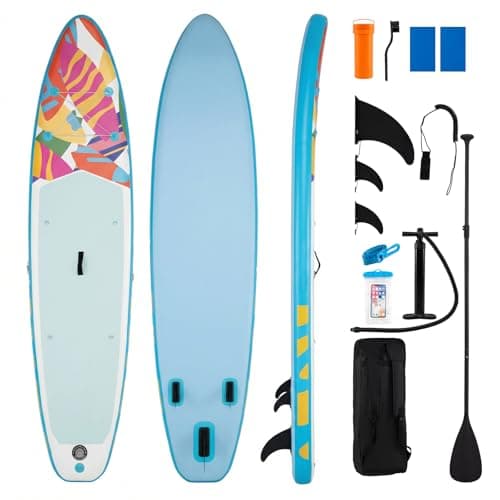 GYMAX Paddle Board, Inflatable Stand Up Paddle Board with SUP Accessories, Removable Fin, Paddle, Pump, Leash & Carry Bag, Blow Up Paddle Boards Standing Boat (Mint, 11FT)