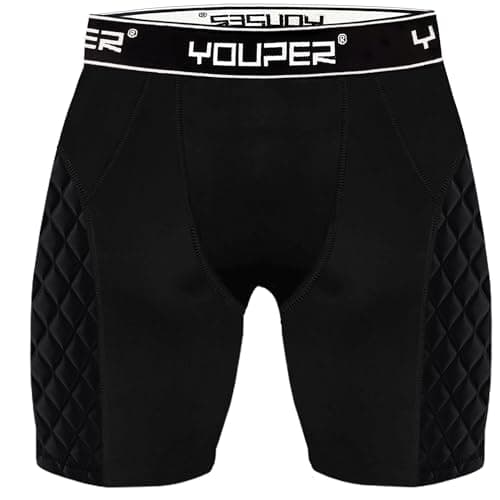 Youper Youth Elite Compression Padded Sliding Shorts w/Cup Pocket for Baseball, Football (Black/White, Large)