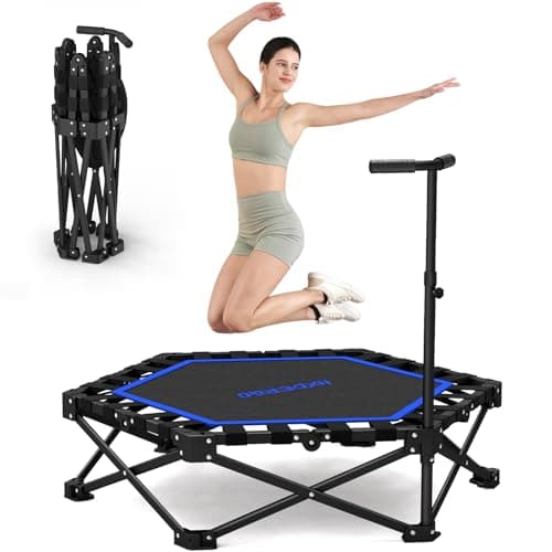 HXD-ERGO 42'' Foldable Mini Trampoline, Rebounder Trampoline with Adjustable Foam Handle, Fitness Trampoline for Indoor, Outdoor, Home Gym, Max Load 460lbs (Blue)