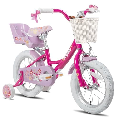 JOYSTAR Unicorn 14 Inch Kids Bike for 3-5 Years Girls Bike with Doll Bike Seat Children Princess Bike with Training Wheels Basket Streamer Toddler Girls Bicycle Fuchsia