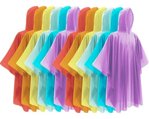 Hitituto Disposable Rain Ponchos - Extra Long Waterproof Emergency Poncho with Hood for Adults, Bulk Family 12 Pack Raincoat for Park, Concerts, Hiking, Camping Essentials, Assorted Colors