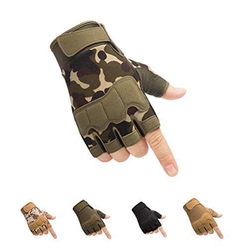 HYCOPROT Fingerless Gloves, Protective Breathable Lightweight Outdoor Gloves for Hunting, Motorcycling, Climbing (S, Green Camo)