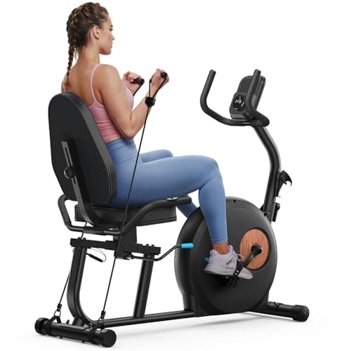 MERACH Recumbent Exercise Bike for Home, Self Powered Stationary Bike for Seniors Adults with 16-Level Automatic Resistance Adjustment, Resistance Bands, Adjustable Comfortable Seat, Exclusive Apps