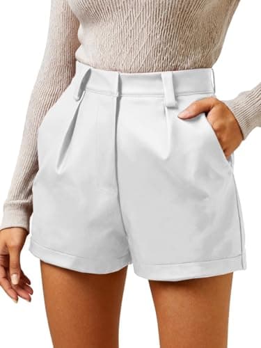 XinYangNi Faux Leather Shorts for Women Pleather Elastic High Wasited Pleated Wide Leg Dressy with Pockets Snow White Large