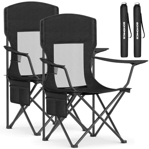 SONGMICS 2 Pack Breathable Camping Chairs, 330 lb Capacity Foldable Outdoor Chairs, High Back, Adjustable Armrests & Cup Holder, for Sports Garden Backyard, Ink Black UGCB028B02