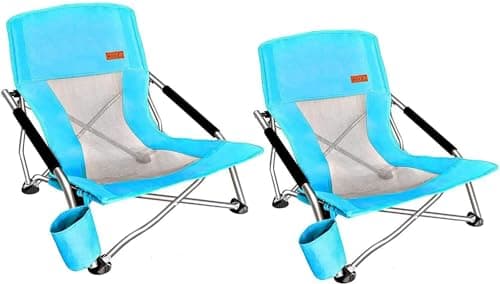 Nice C Low Beach Camping Folding Chair, Compact Backpacking River Sand Chair for Adults 2 Pack,Sillas De Playa, with Cup Holder,for Concert Camping,Boat,Beach, Travel, Picnic, Festival (2 Pack Blue)
