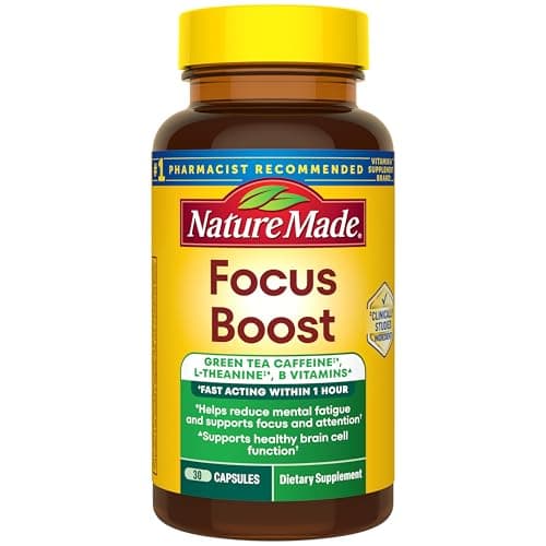 Nature Made Focus Boost Capsules, Green Tea Caffeine + L Theanine, B Vitamins, Fast Acting Focus Supplement, 30 Capsules, 30 Day Supply
