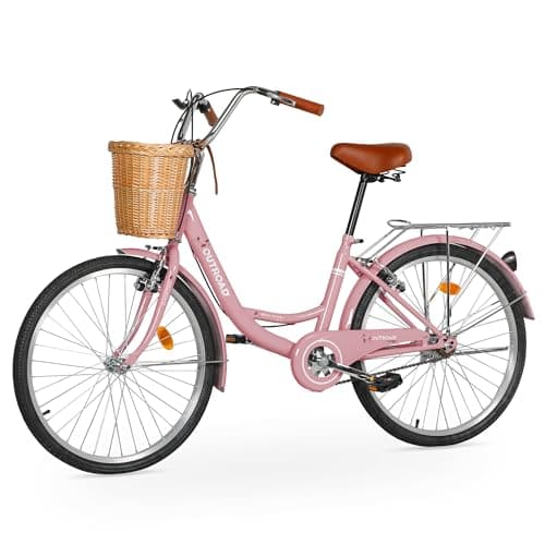 Outroad Beach Cruiser Bike, 24 inch Commuter Bicycle for Adult and Women, High-Carbon Steel Comfortable City Bikes with Rear Rack or Basket,Pink