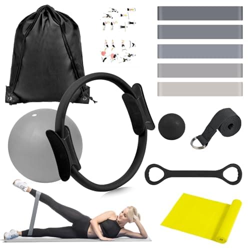 Pilates Equipment for Women Home Workout, Pilates Kit Ring and Ball Set with Pilates Ring, Resistance Bands, Massage Lacrosse. Full-Body Fitness Set for Toning Arms, Thighs Legs & Core, Black