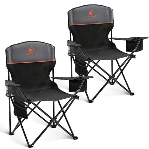 ALPHA CAMP Camping Chairs 350LBS Capacity, Heavy Duty Folding Chair with 4-Can Cooler Bag, Portable Outdoor Chair with Cup Holder for Adults, Collapsible for Tailgating, Beach, Fishing,Black