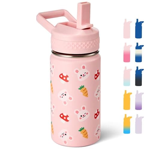 Fijinhom 12 oz Kids Water Bottle, Toddler Water Bottle with Straw, Boys&Girls Bottle for School, 304 Stainless Steel Vacuum Insulated Bottle for Kids, BPA-Free, Leak-Proof, Rabbit