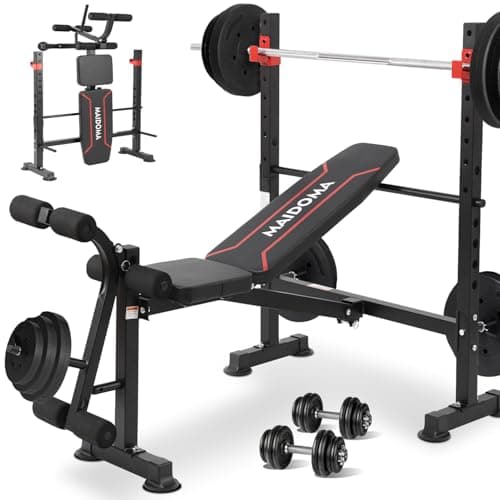 MAIDOMA Standard Weight Bench Set with Leg Extension and Leg Curl, Adjustable Bench Press with Squat Rack, Foldable Flat Incline Decline Workout Bench for Home Gym Full Body (US Stock)