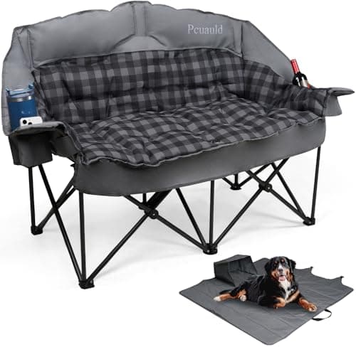 Double Camping Chair Padded Loveseat Camping Couch, Oversized 2 Person Camp Chairs with 2 in 1 Carry Bag, Heavy Duty Folding Lawn Chair Sofa with Cup Holders for Adults Patio Backyard Beach, Gray