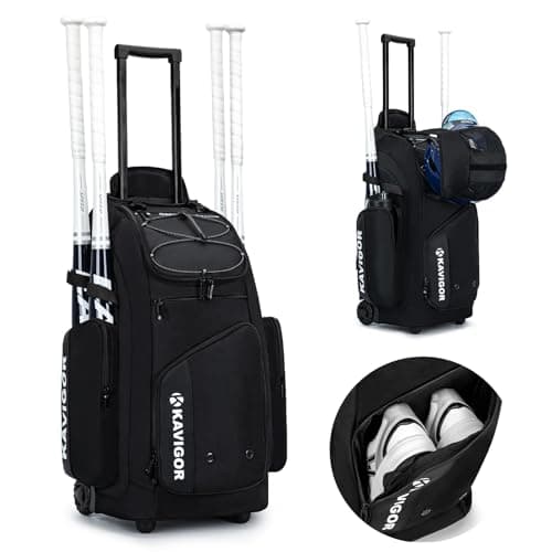 KAVIGOR Rolling Baseball Bag with Wheels for Youth, 60L Capacity Softball Equipment Bag Holds 4 Bats with Shoe Compartment for Boys & Girls