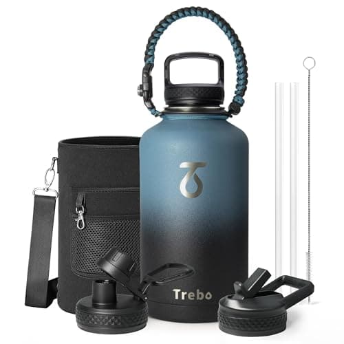 Trebo Water Bottle 64oz with Paracord Handle, Half Gallon Large Vacuum Triple Wall Stainless Steel Insulated Water Jug with Holder Strap Straw Spout Lids, Leakproof Keep Cold & Hot, Indigo/Black