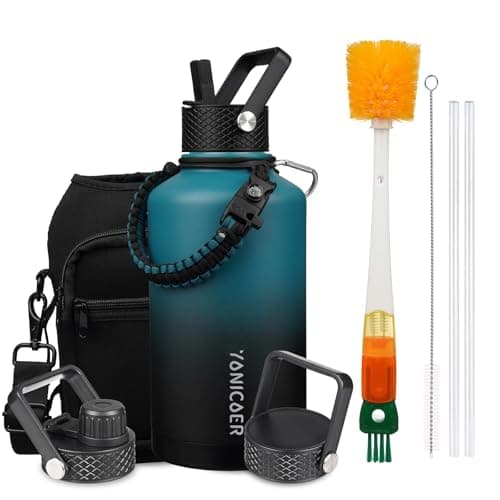 YONICOER Insulated Water Bottle 64oz,Triple Wall Vacuum Stainless Steel(Dishwasher Safe),Leak Proof & Non-BPA,Flask Jug with Paracord Handle & Straw Spout Lids Sports Gradient indigo blue/black