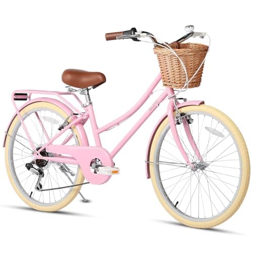 Glerc 24 Inch Beach Cruiser Bike, 6-Speed Hybrid City Bicycle for Girls Youth and Over 6 Years Old, Missy Bike with Wicker Basket & Lightweight, Pink