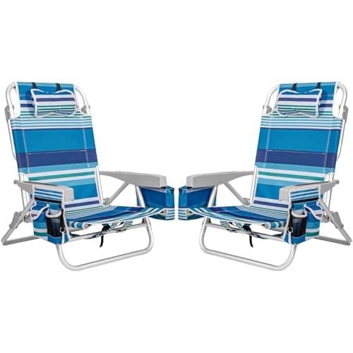 2Pk Aluminum Extra Wide 5-Position Lay Flat Folding Backpack Beach Chairs for Adults, with Cooler Bag, Cup&Phone Holder, Towel Bar for Outdoor Lawn Picnic Sport, Portable Camping Chairs, Blue Stripes