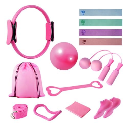 Pilates Kit for Home Workouts for Women, Home Pilates Workout Kit with 12.9" Ring and 9.8" Ball, 4 Fabric Resistance Bands, Figure-8, Stretch Band, D-Ring Strap, Cordless Jump Rope, Socks & Bag，Pink